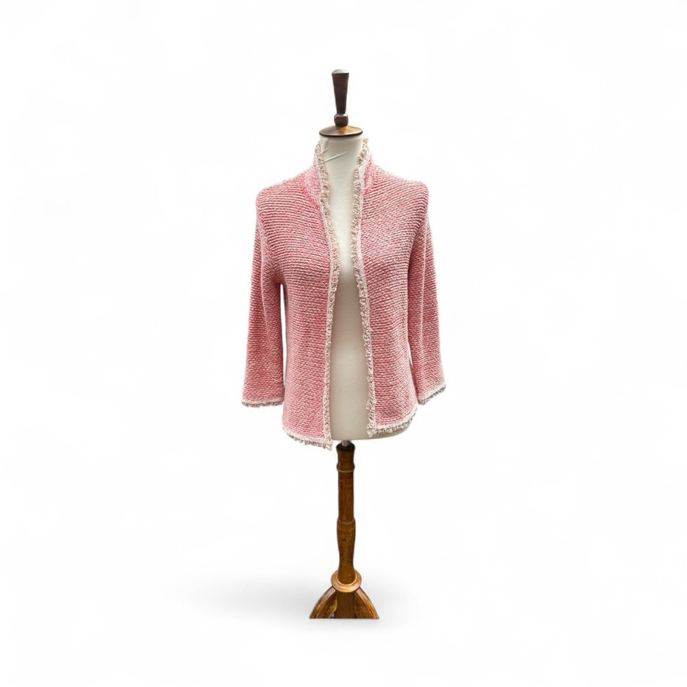 Roz and Ali Pink Textured Open Cardigan with cream Frayed Trim Size S